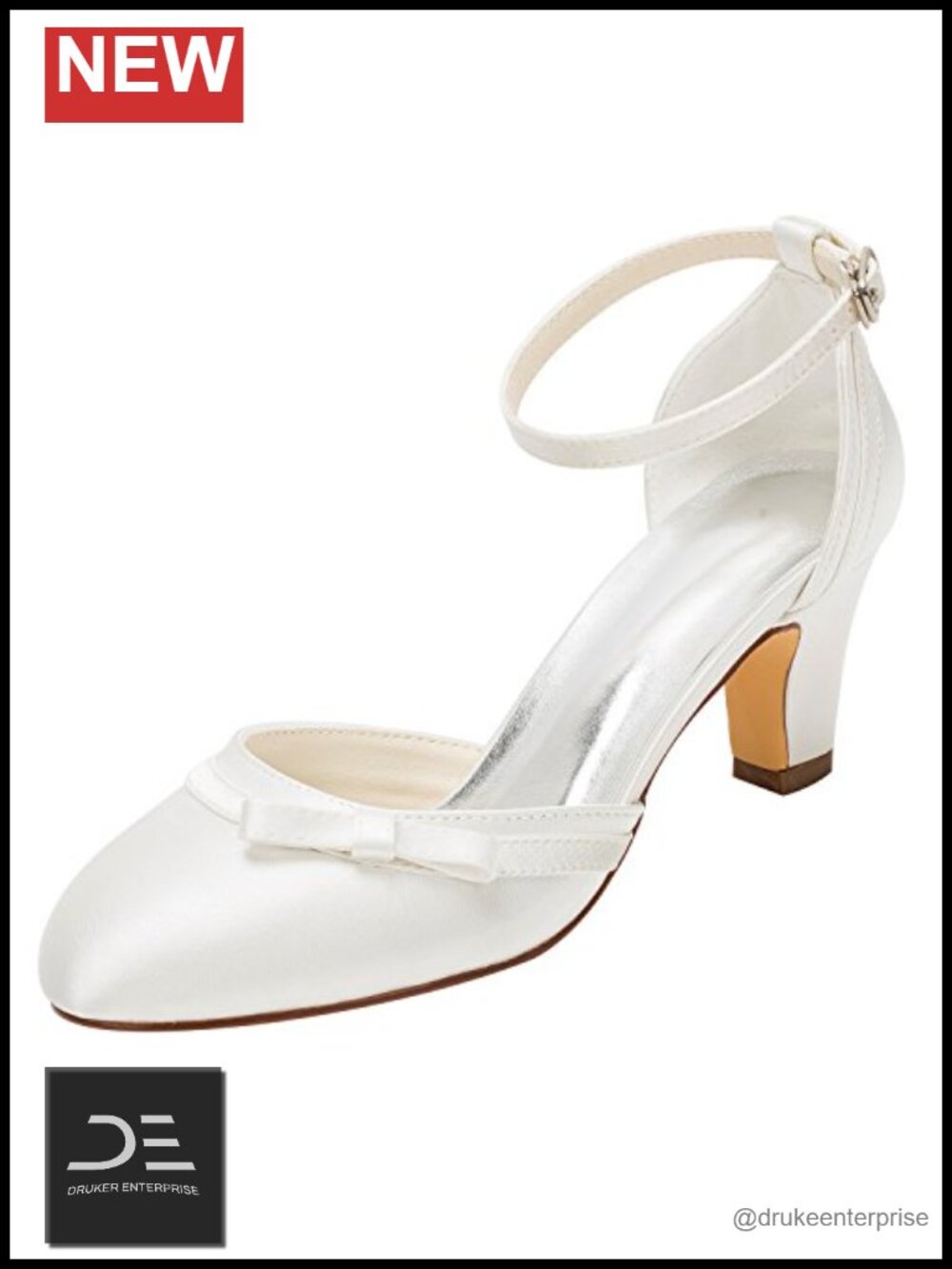 Ivory Satin Bridal Pumps with Ankle Strap Bow Heel, Slip Resistant